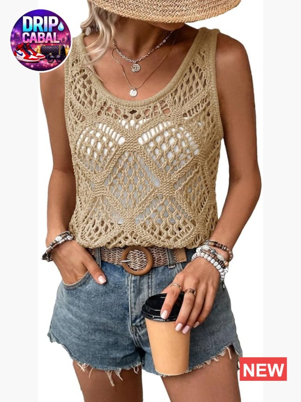 Womens Crochet Tank Top Sleeveless Scoop Neck Knit Sweater Vest Boho Hollow Out
